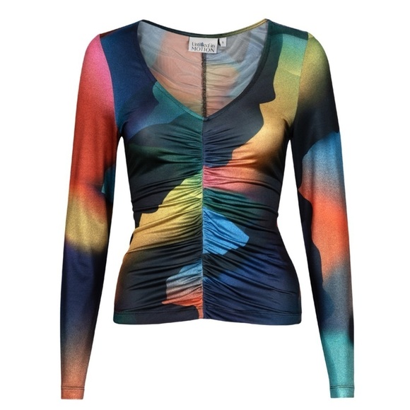 UNTITLED IN MOTION 90s Abstract Print Ruched V-Neck Long Sleeve Slim Fit Top S - Picture 12 of 14